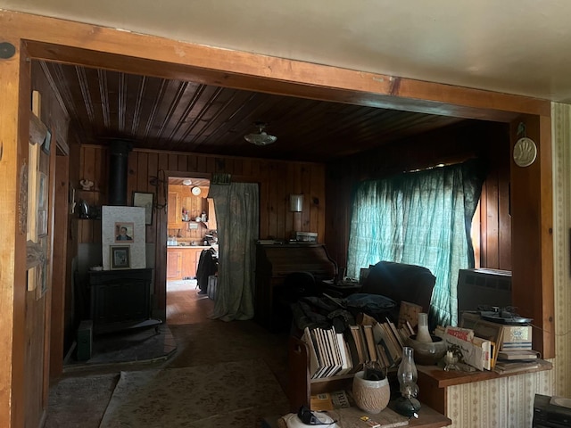 50364 Rd 426, Oakhurst, CA 93644 - kitchen featuring wood walls, a wood stove, and wood ceiling