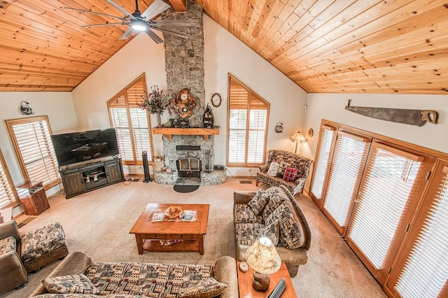 41811 Gray Rock Rd, Shaver Lake, CA 93664 - living area featuring a healthy amount of sunlight, a ceiling fan, carpet flooring, and lofted ceiling