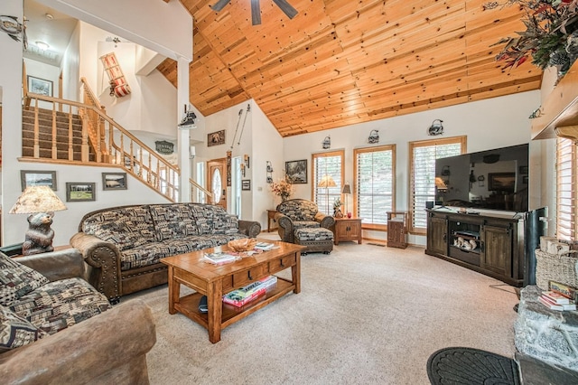 41811 Gray Rock Rd, Shaver Lake, CA 93664 - living room with wooden ceiling, ceiling fan, stairs, high vaulted ceiling, and carpet flooring