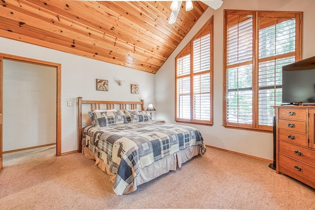 41811 Gray Rock Rd, Shaver Lake, CA 93664 - carpeted bedroom with wooden ceiling, baseboards, vaulted ceiling, and a ceiling fan