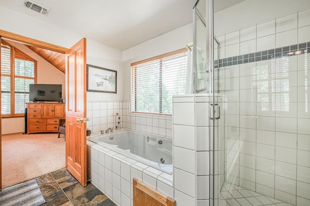 41811 Gray Rock Rd, Shaver Lake, CA 93664 - bathroom featuring plenty of natural light, a jetted tub, visible vents, and a stall shower