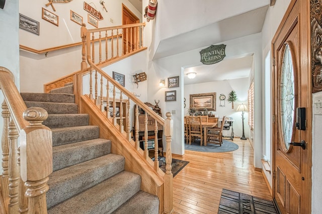 41811 Gray Rock Rd, Shaver Lake, CA 93664 - foyer featuring hardwood / wood-style floors and stairway