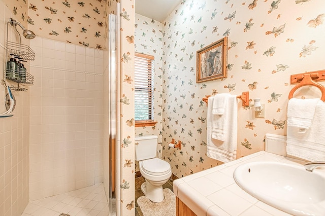 41811 Gray Rock Rd, Shaver Lake, CA 93664 - full bath with toilet, wallpapered walls, vanity, and tiled shower