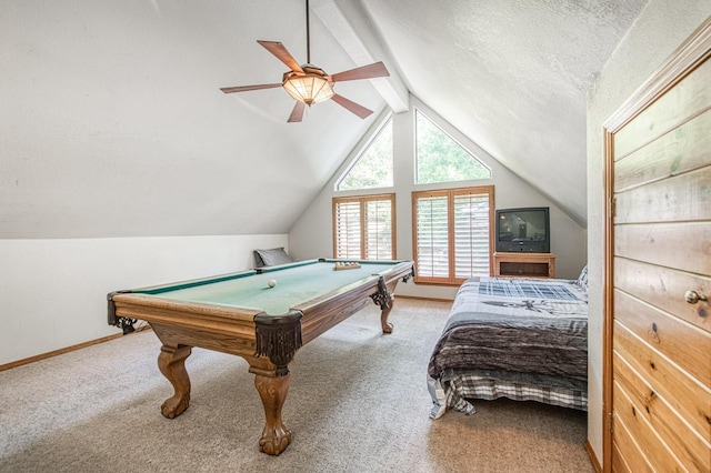 41811 Gray Rock Rd, Shaver Lake, CA 93664 - recreation room with a ceiling fan, baseboards, vaulted ceiling with beams, and carpet floors