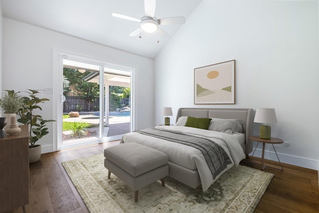 bedroom featuring access to exterior, high vaulted ceiling, wood finished floors, and baseboards