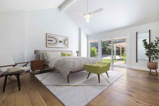 bedroom with hardwood / wood-style flooring, access to exterior, baseboards, beam ceiling, and high vaulted ceiling