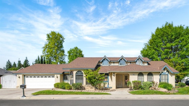 10001 N Pheasant Run Dr, Fresno, CA 93730 - view of front of property with driveway, stucco siding, an attached garage, and a gate