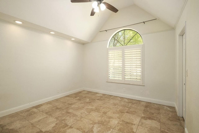 10001 N Pheasant Run Dr, Fresno, CA 93730 - unfurnished room featuring ceiling fan, recessed lighting, baseboards, and high vaulted ceiling