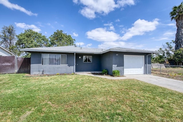 ranch-style home featuring an attached garage, driveway, fence, and stucco siding