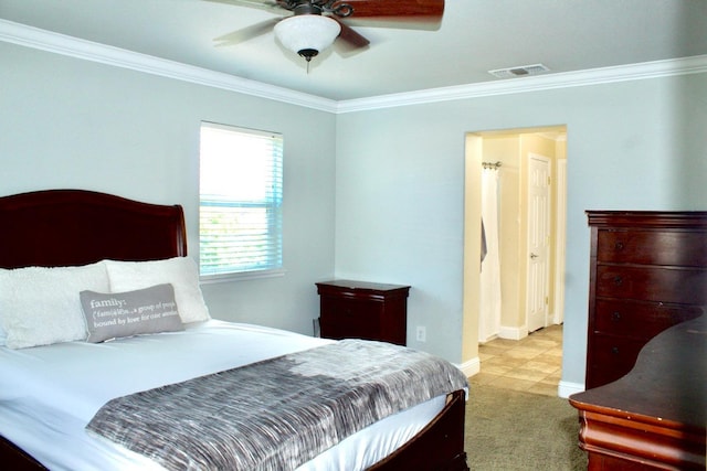 5148 W Pine Ave, Fresno, CA 93722 - carpeted bedroom featuring baseboards, a ceiling fan, visible vents, and ornamental molding