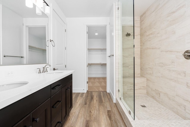 bathroom with wood finished floors, a sink, a walk in closet, and tiled shower
