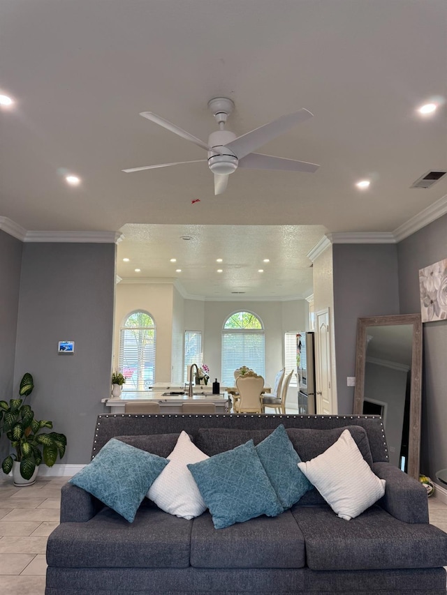5357 E Burns, Fresno, CA 93725 - living area with ceiling fan, crown molding, visible vents, and recessed lighting
