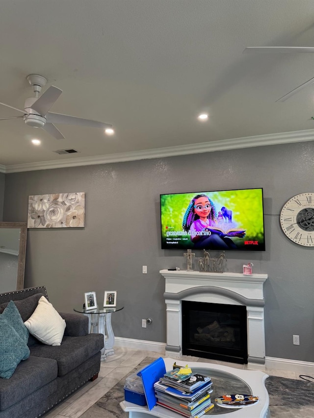 5357 E Burns, Fresno, CA 93725 - living area with baseboards, a fireplace, ceiling fan, and crown molding