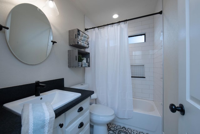 full bath featuring recessed lighting, shower / tub combo, toilet, and vanity