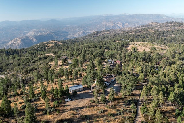 aerial view featuring a wooded view and a mountain view