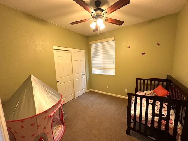 2148 S Villa Ave, Fresno, CA 93727 - bedroom featuring dark colored carpet, a closet, a ceiling fan, and baseboards