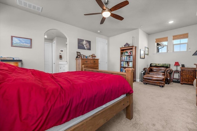 2653 Vermont Ave, Clovis, CA 93619 - bedroom with carpet, arched walkways, recessed lighting, ceiling fan, and baseboards