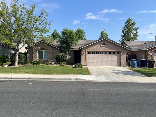 1836 Heidi Ave, Sanger, CA 93657 - ranch-style home with stucco siding, a front lawn, driveway, and a garage