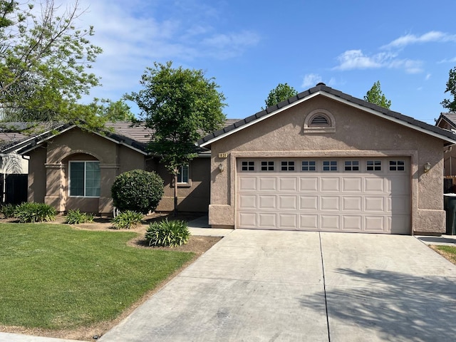 1836 Heidi Ave, Sanger, CA 93657 - ranch-style home with an attached garage, concrete driveway, a front lawn, and stucco siding