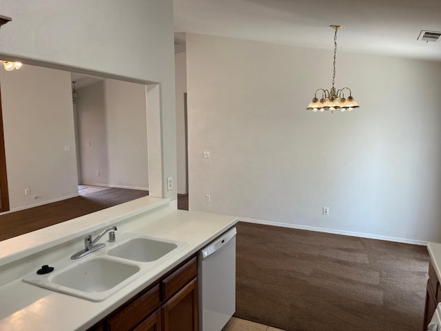 1836 Heidi Ave, Sanger, CA 93657 - kitchen featuring a sink, visible vents, dishwasher, light countertops, and carpet floors