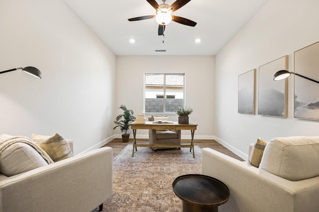 11182 N Via Ravenna Dr, Fresno, CA 93730 - office with visible vents, baseboards, recessed lighting, wood finished floors, and ceiling fan