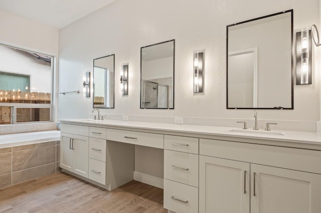 full bathroom with a shower stall, wood finished floors, a sink, and double vanity