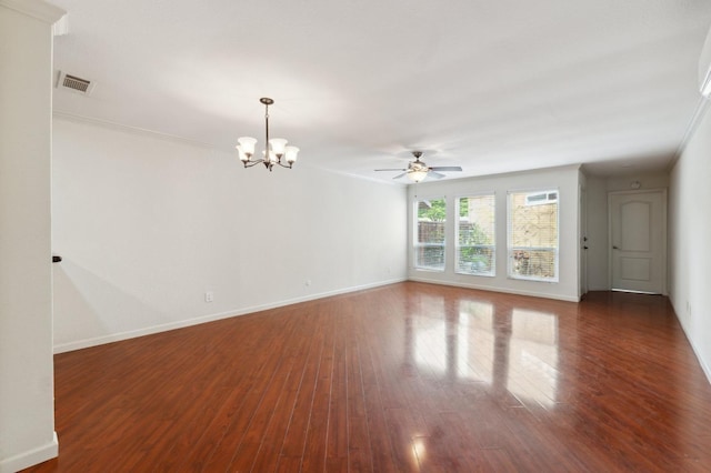 7178 N Fruit Ave Unit 132, Fresno, CA 93711 - empty room featuring baseboards, wood finished floors, visible vents, and ceiling fan with notable chandelier