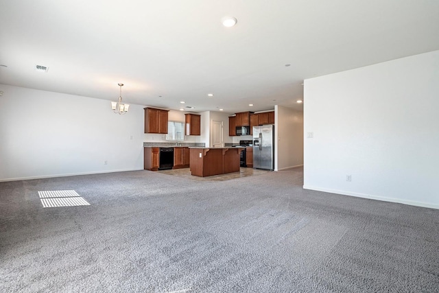 unfurnished living room featuring baseboards, light colored carpet, a chandelier, and recessed lighting