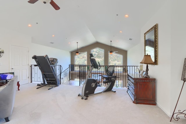 workout area with carpet floors, a ceiling fan, vaulted ceiling, and recessed lighting