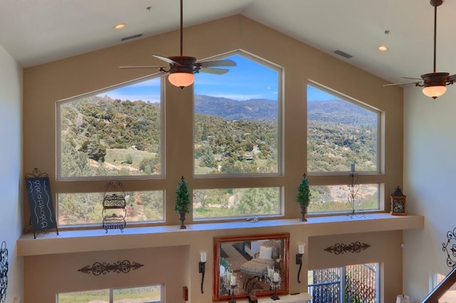 room details with a ceiling fan, visible vents, a mountain view, and recessed lighting