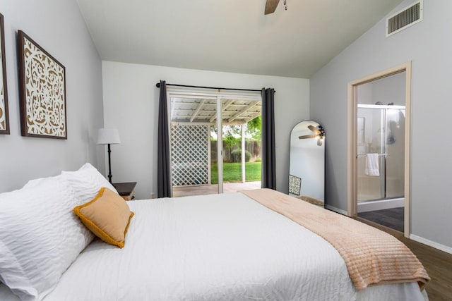 bedroom with vaulted ceiling, baseboards, visible vents, ensuite bathroom, and wood finished floors
