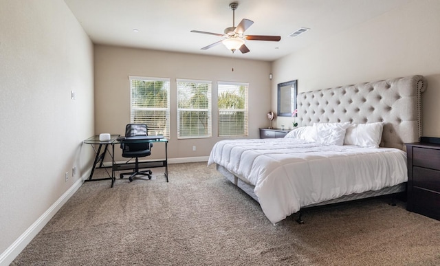 bedroom featuring ceiling fan, baseboards, carpet flooring, and visible vents