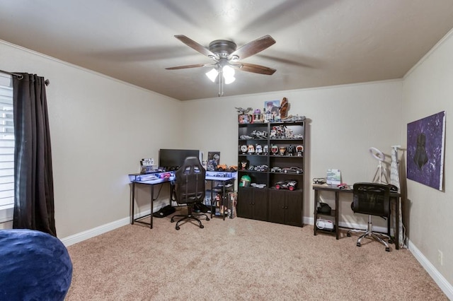 7341 N Bond St, Fresno, CA 93720 - home office with ornamental molding, baseboards, carpet, and ceiling fan