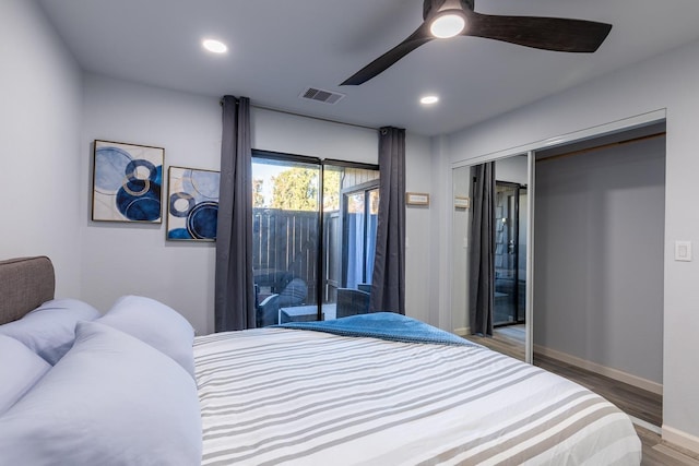 1151 S Chestnut Ave Unit 146, Fresno, CA 93702 - bedroom featuring ceiling fan, recessed lighting, visible vents, and wood finished floors