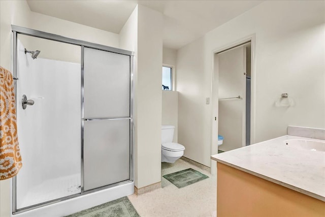 full bathroom featuring vanity, a shower stall, and toilet