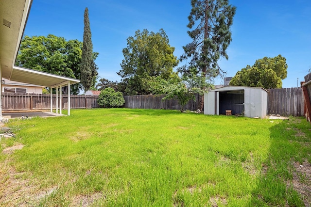 view of yard featuring an outdoor structure, a storage unit, and a fenced backyard