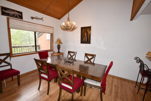 40720 Oakwoods Ln, Shaver Lake, CA 93664 - dining area featuring lofted ceiling, a notable chandelier, and wood finished floors