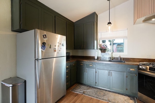 1016 N White St, Hanford, CA 93230 - kitchen featuring stainless steel appliances, vaulted ceiling, a sink, decorative light fixtures, and light wood-style flooring