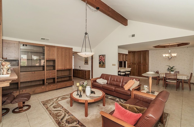 7355 N Pacific Ave, Fresno, CA 93711 - living room with high vaulted ceiling, beam ceiling, visible vents, and light tile patterned floors