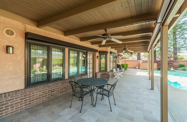 7355 N Pacific Ave, Fresno, CA 93711 - view of patio with a ceiling fan, a fenced backyard, a fenced in pool, and outdoor dining space