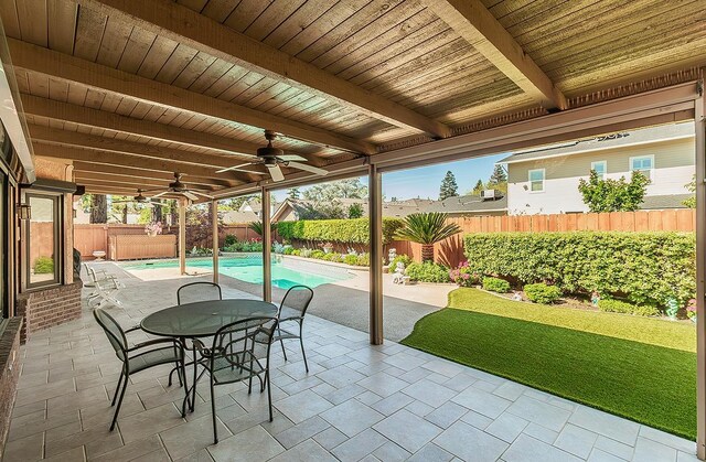 7355 N Pacific Ave, Fresno, CA 93711 - view of patio featuring a ceiling fan, a fenced in pool, and a fenced backyard