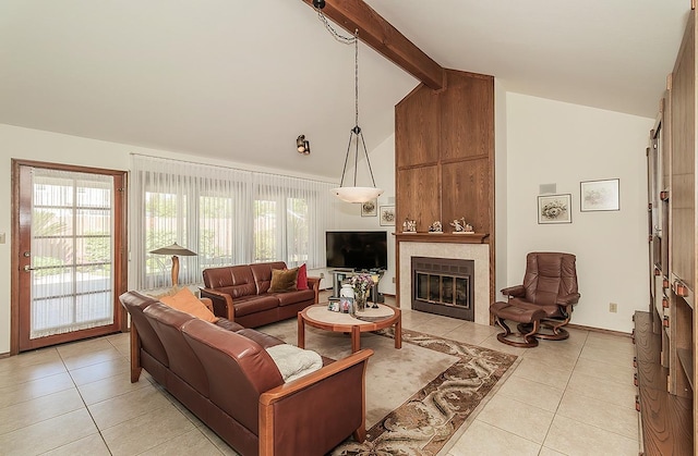 7355 N Pacific Ave, Fresno, CA 93711 - living area featuring light tile patterned flooring, beam ceiling, high vaulted ceiling, and a fireplace