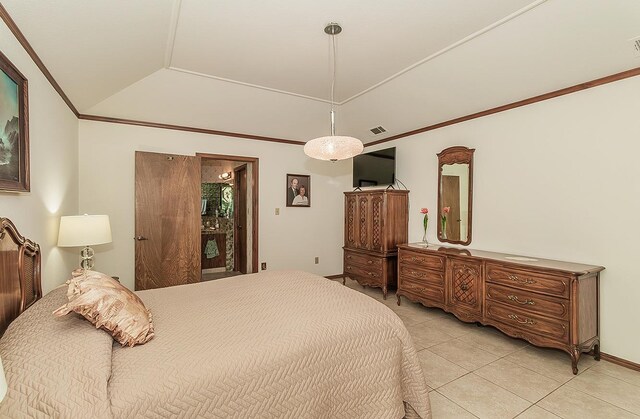 7355 N Pacific Ave, Fresno, CA 93711 - bedroom with vaulted ceiling, ornamental molding, visible vents, and light tile patterned floors