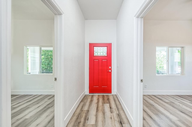 foyer entrance with baseboards and wood finished floors