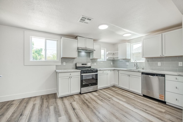 kitchen featuring a sink, light wood-type flooring, visible vents, under cabinet range hood, and appliances with stainless steel finishes
