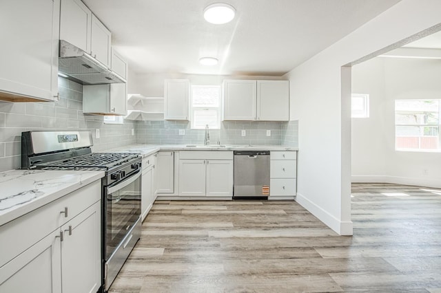kitchen featuring white cabinets, a sink, light wood-style floors, under cabinet range hood, and appliances with stainless steel finishes