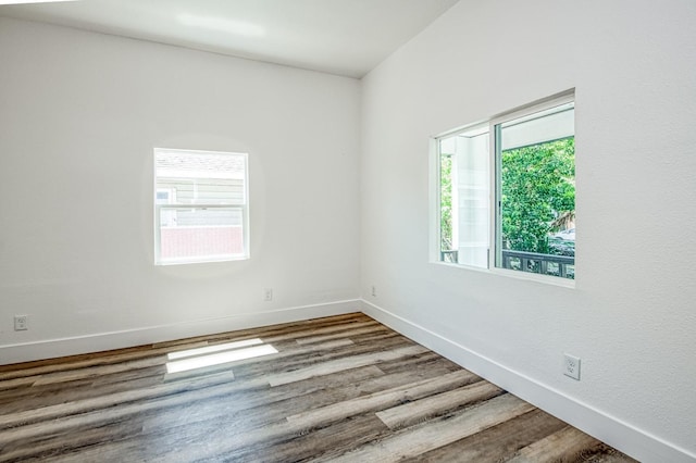 spare room featuring baseboards, wood finished floors, and a wealth of natural light