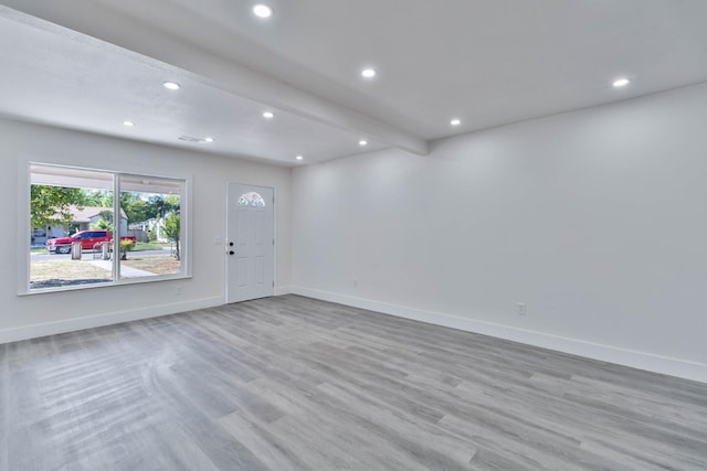 227 E Pine Ave, Fresno, CA 93728 - entryway with recessed lighting, baseboards, wood finished floors, and beam ceiling