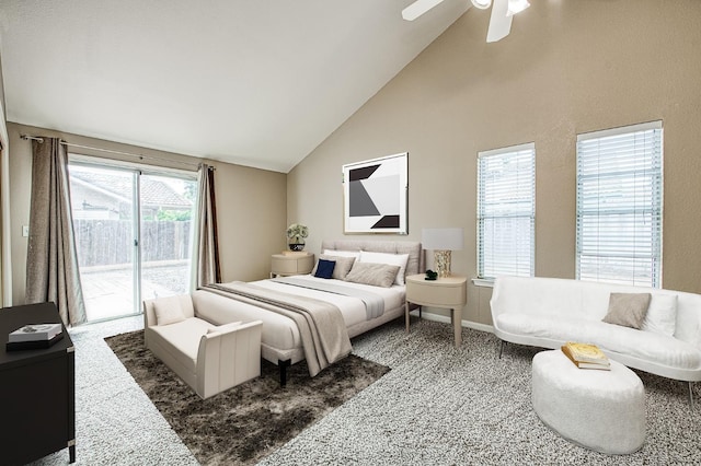 5711 W Fallon Ave, Fresno, CA 93722 - bedroom with access to exterior, carpet flooring, high vaulted ceiling, and ceiling fan