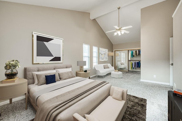 5711 W Fallon Ave, Fresno, CA 93722 - bedroom with carpet flooring, beam ceiling, baseboards, a ceiling fan, and high vaulted ceiling